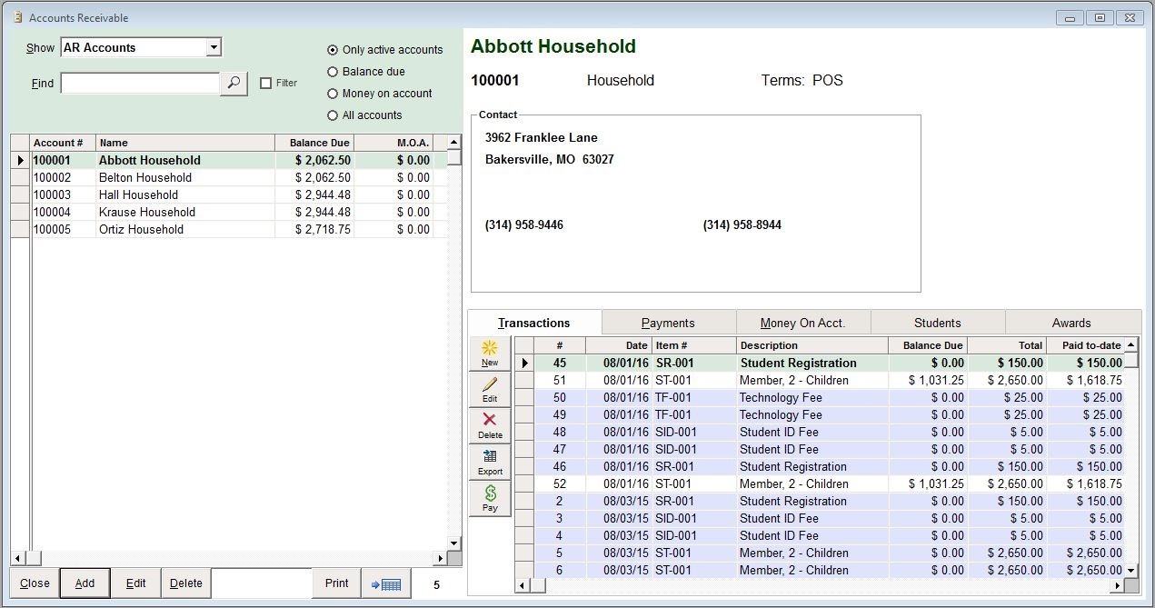 Accounts Receivable Window in Shepherd's Staff