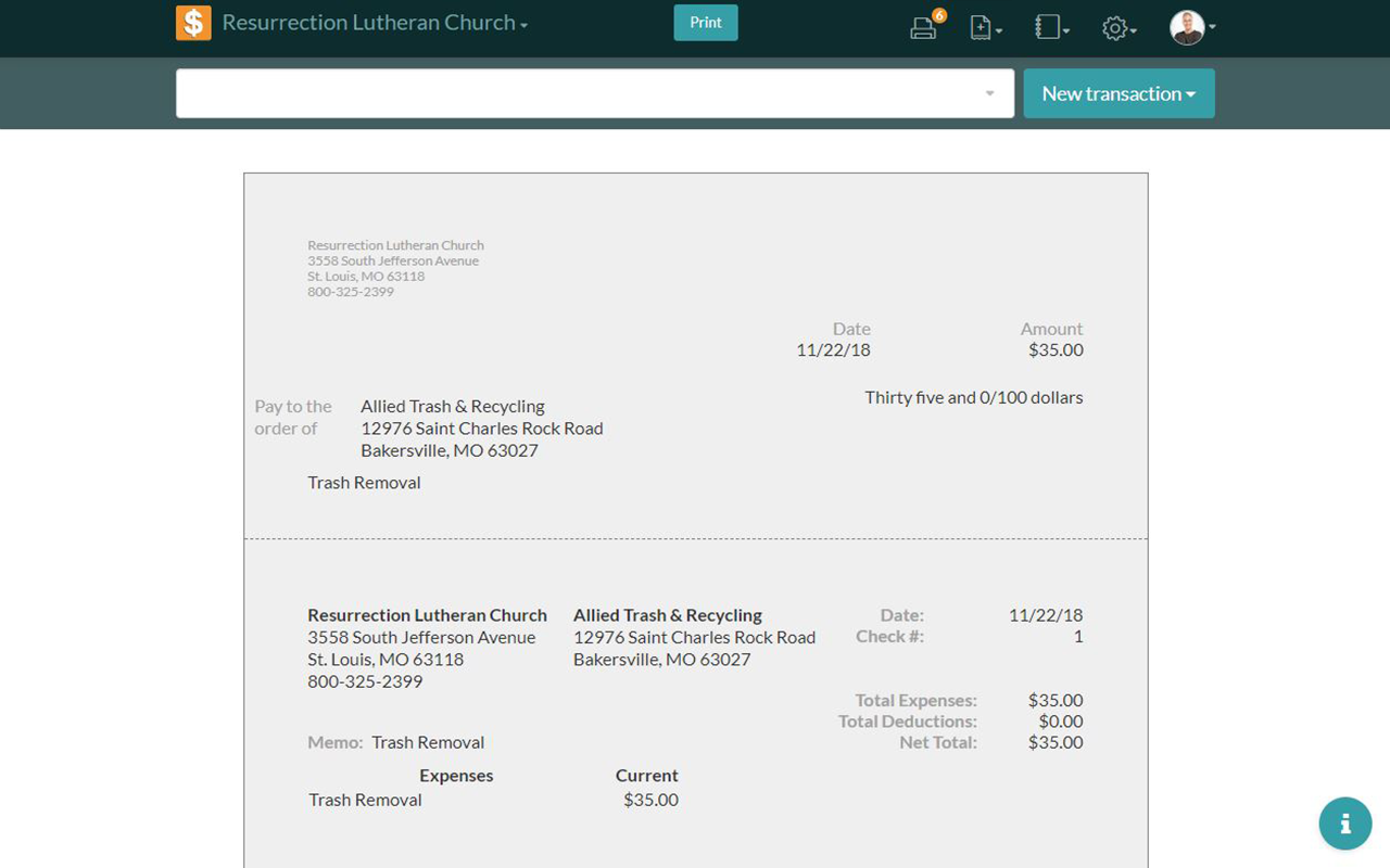 Screenshot of check preview in Church360 Ledger