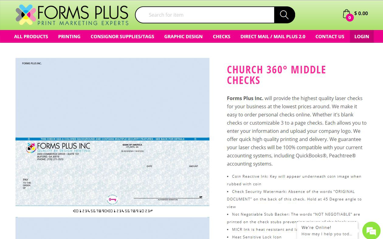 Screenshot of checks page on the Forms Plus Inc. website