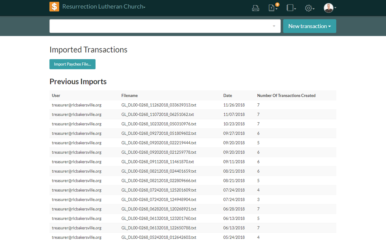 Screenshot of imported transactions page