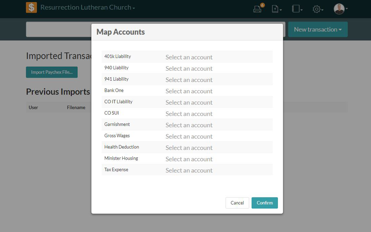Screenshot showing account mapping after an import