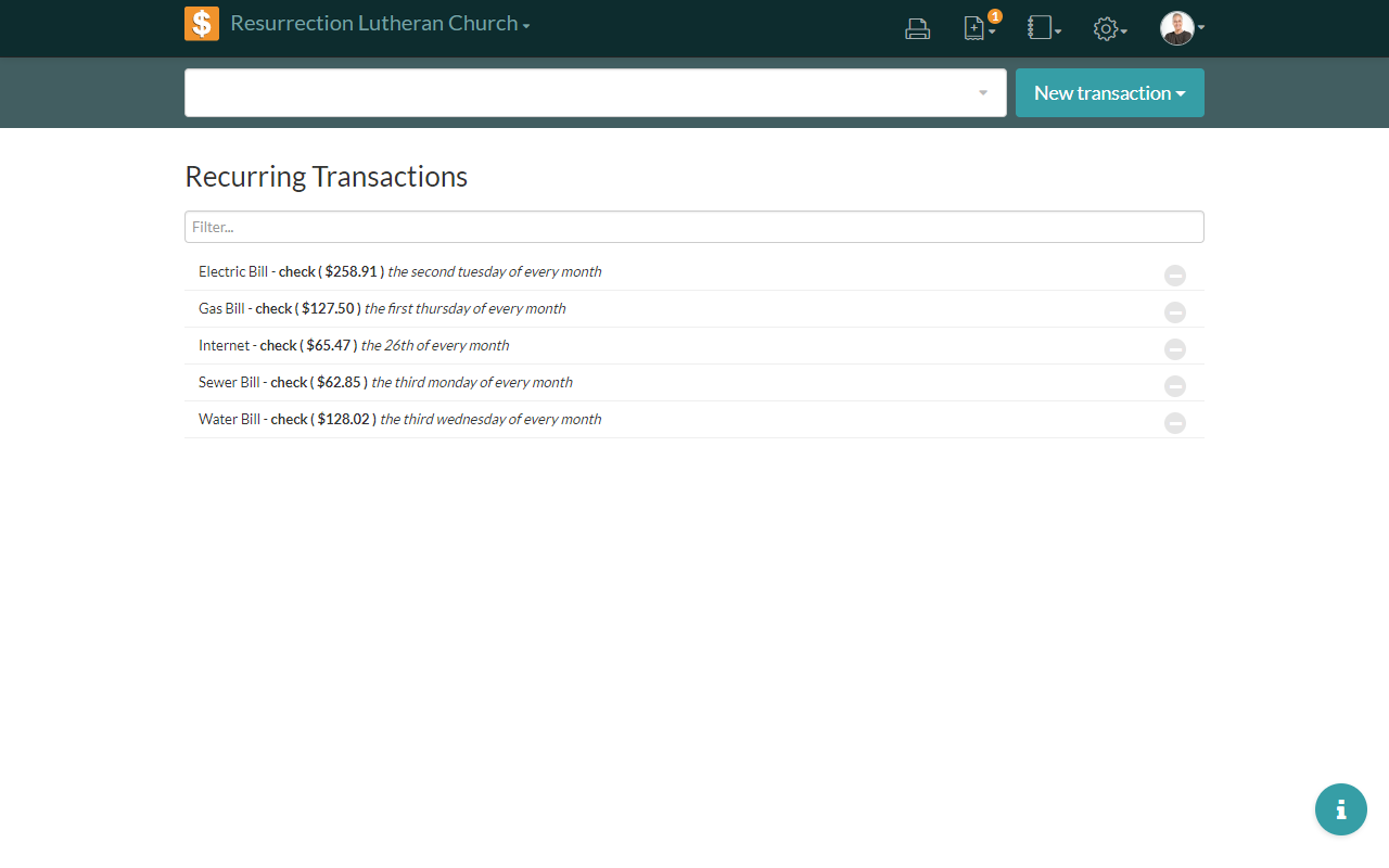 Screenshot of recurring transactions screen