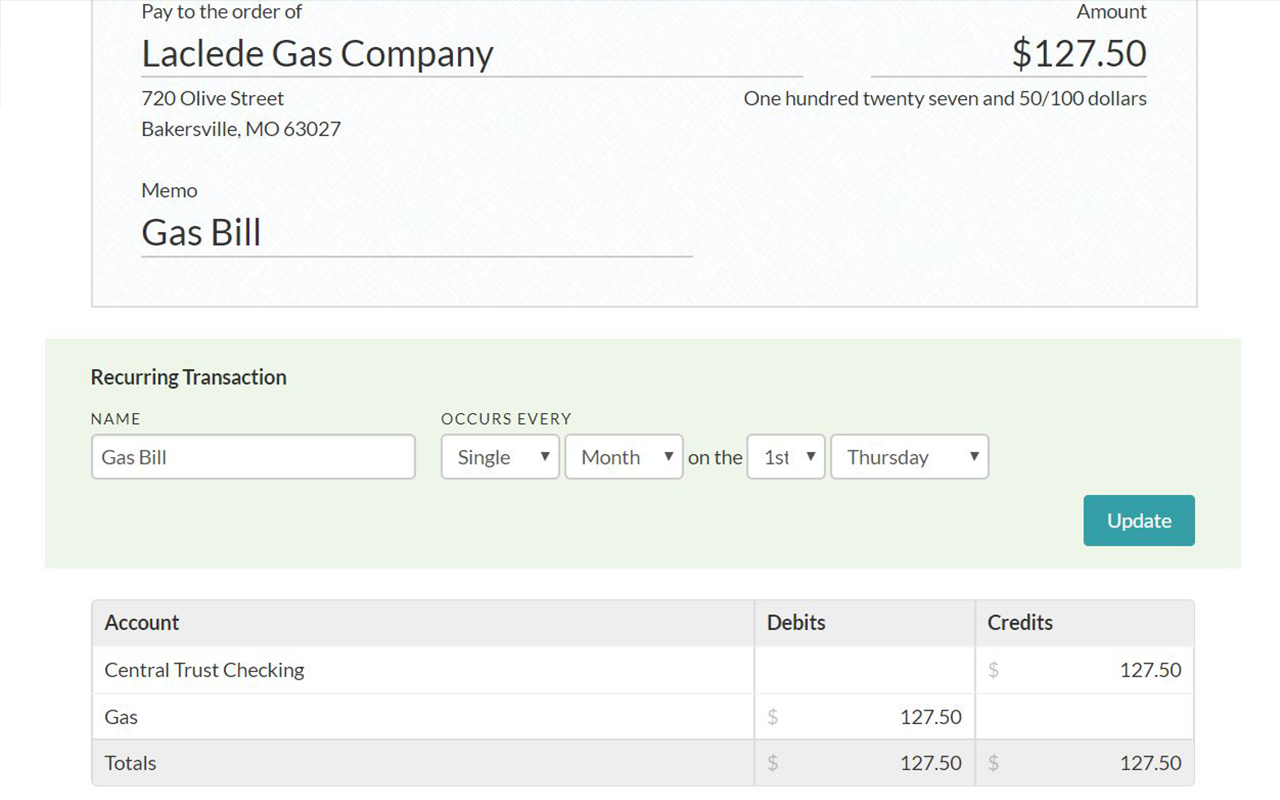 Screenshot of settings options for a recurring transaction