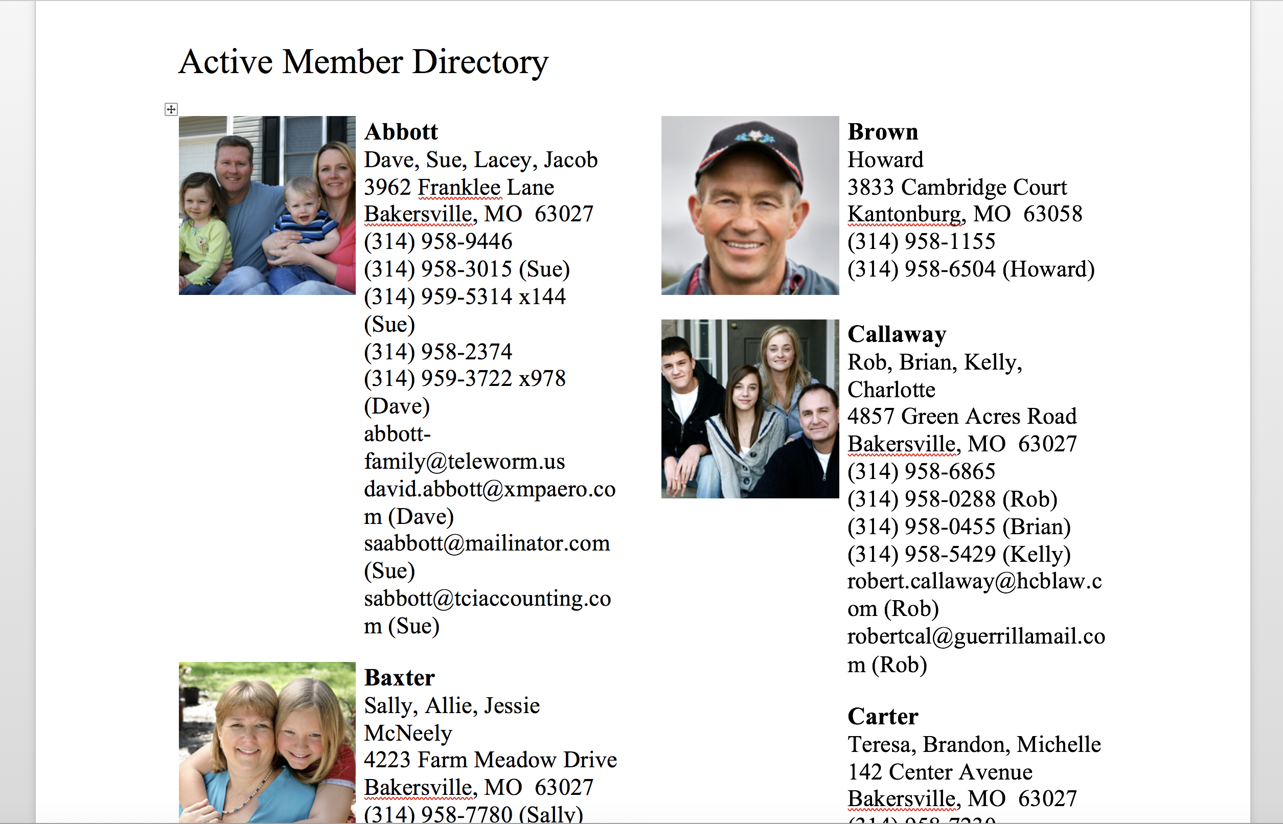 Screenshot of church directory exported to a Word document