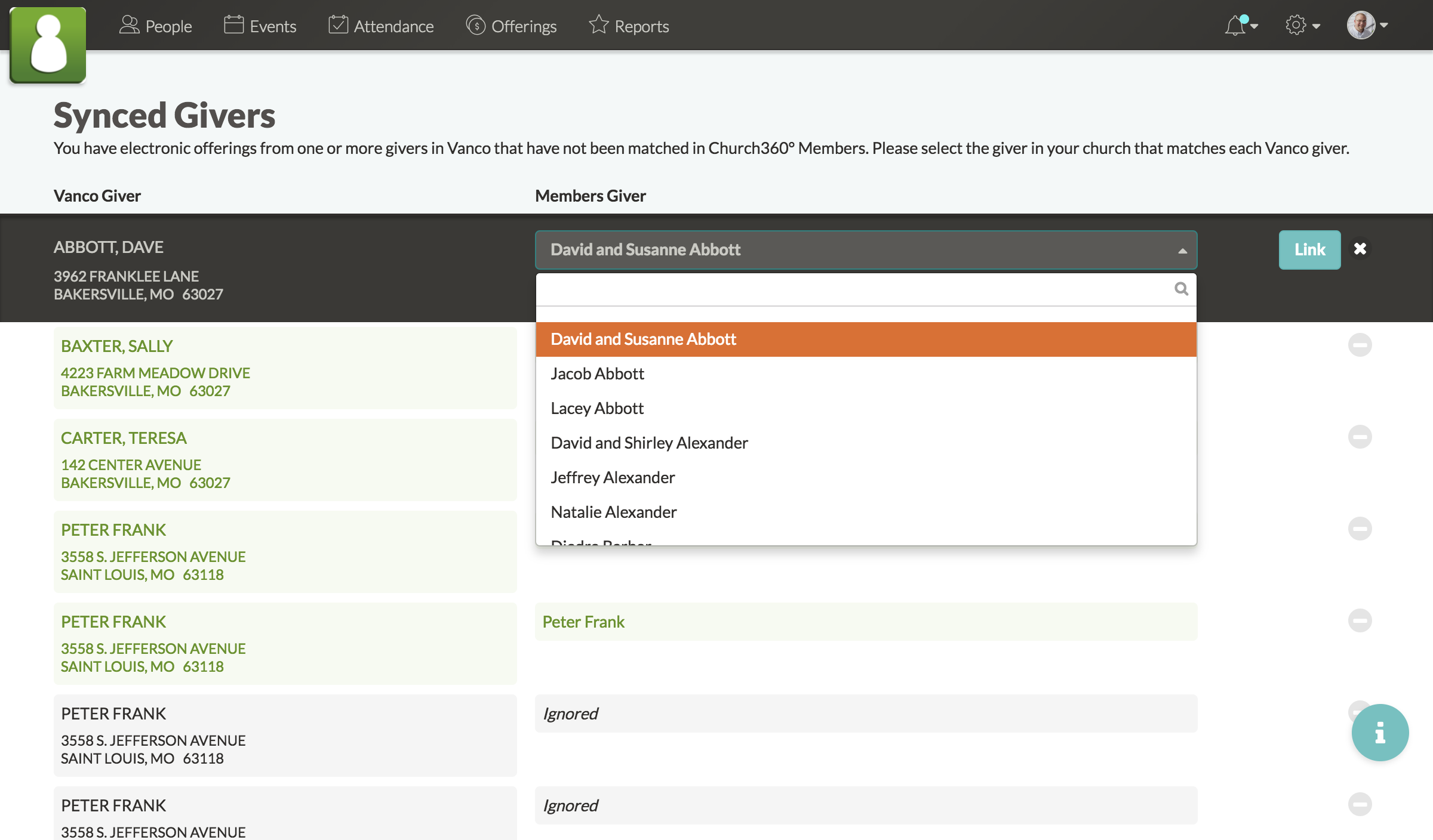 Screenshot of syncing egiving