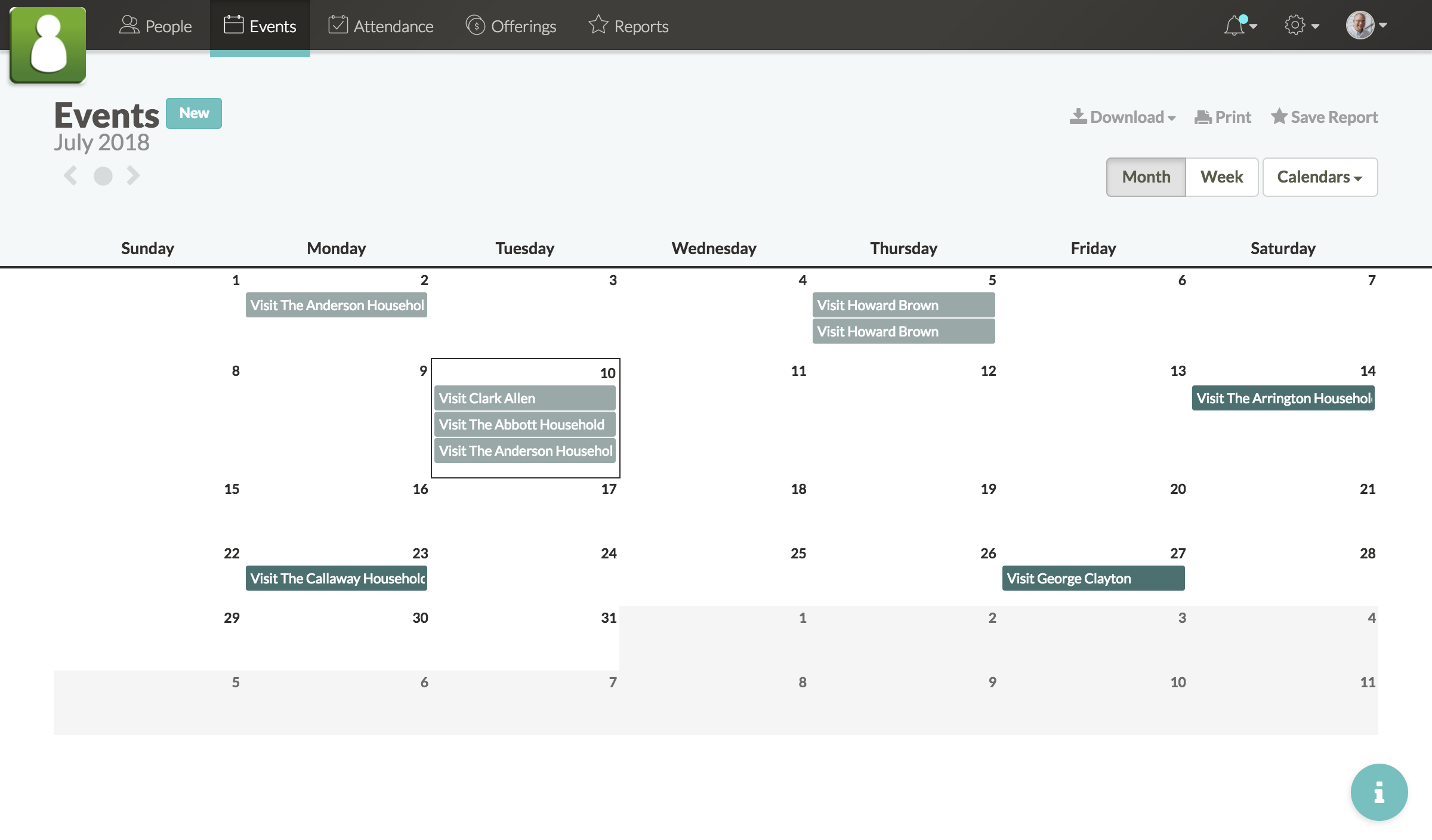 Screenshot of pastoral visits calendar