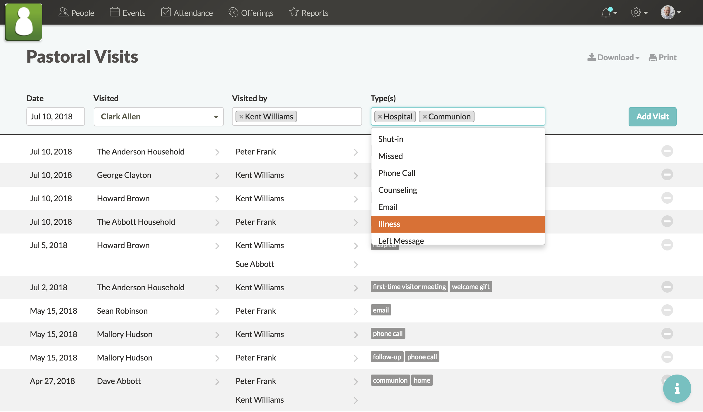 Screenshot of selecting visit types