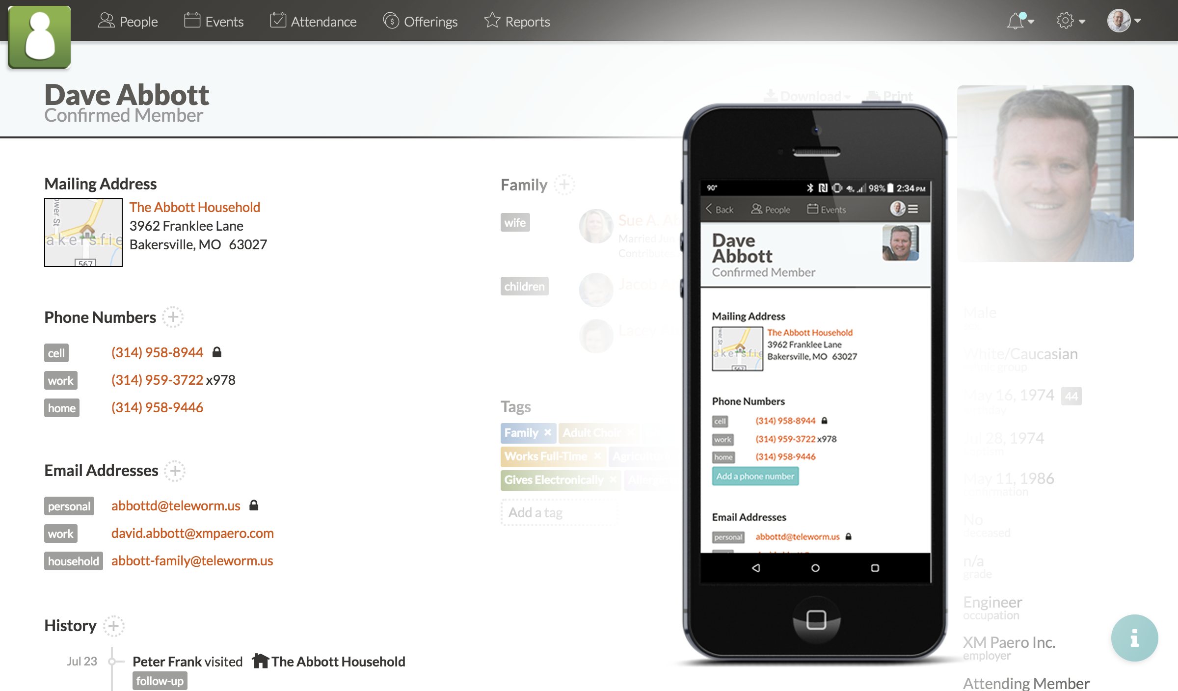 Screenshot showing member contacts on both desktop and phone