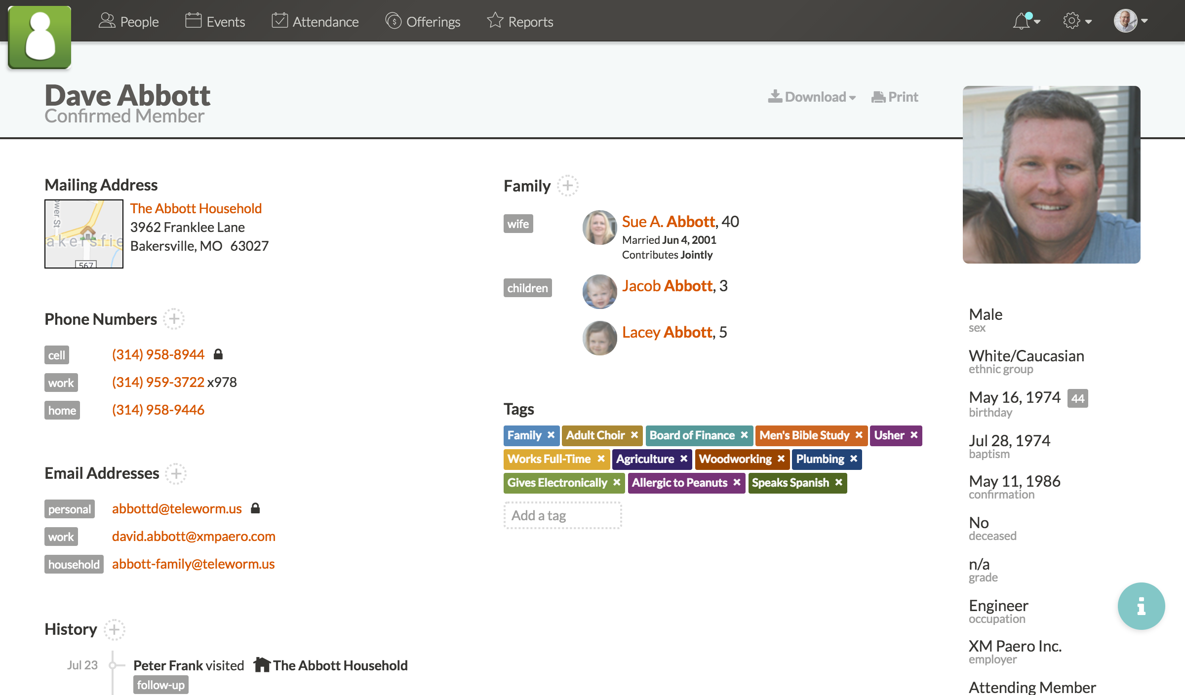 Screenshot of profile showing contact information