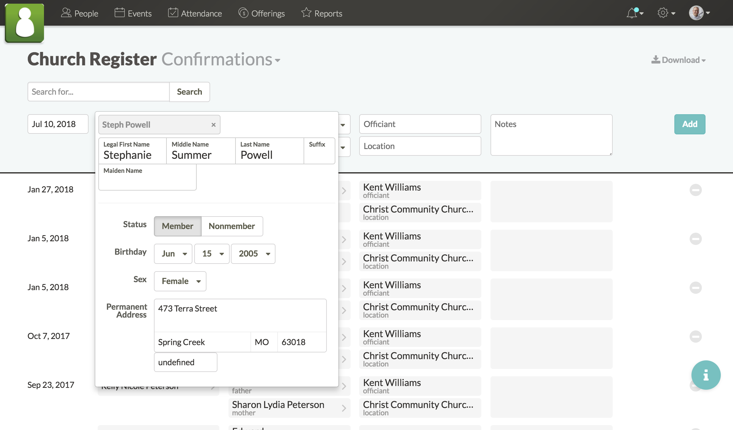 Screenshot showing how to sync church register with profiles