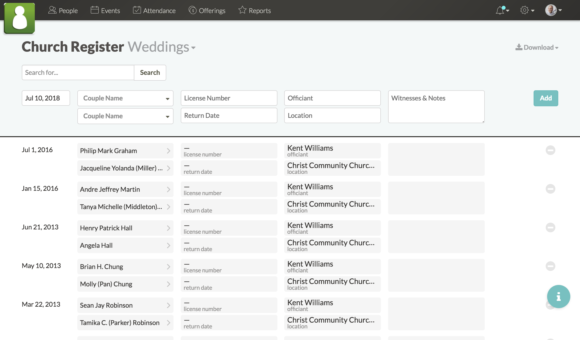 Screenshot of wedding list in church register