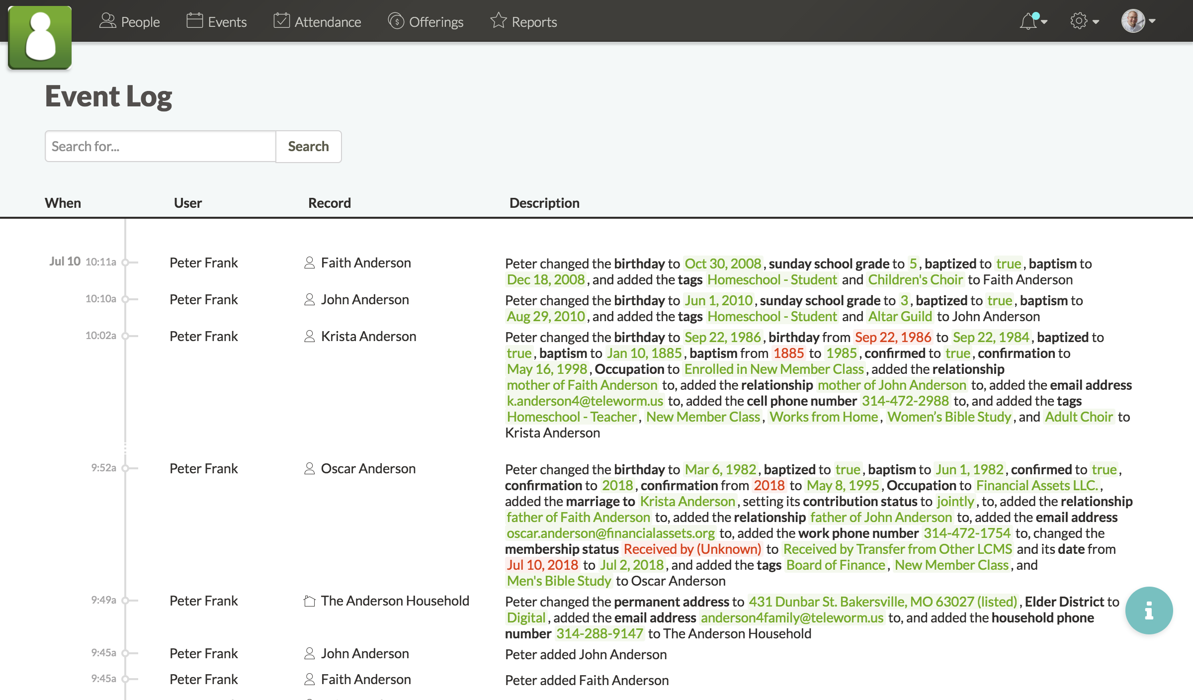 Screenshot of event log page