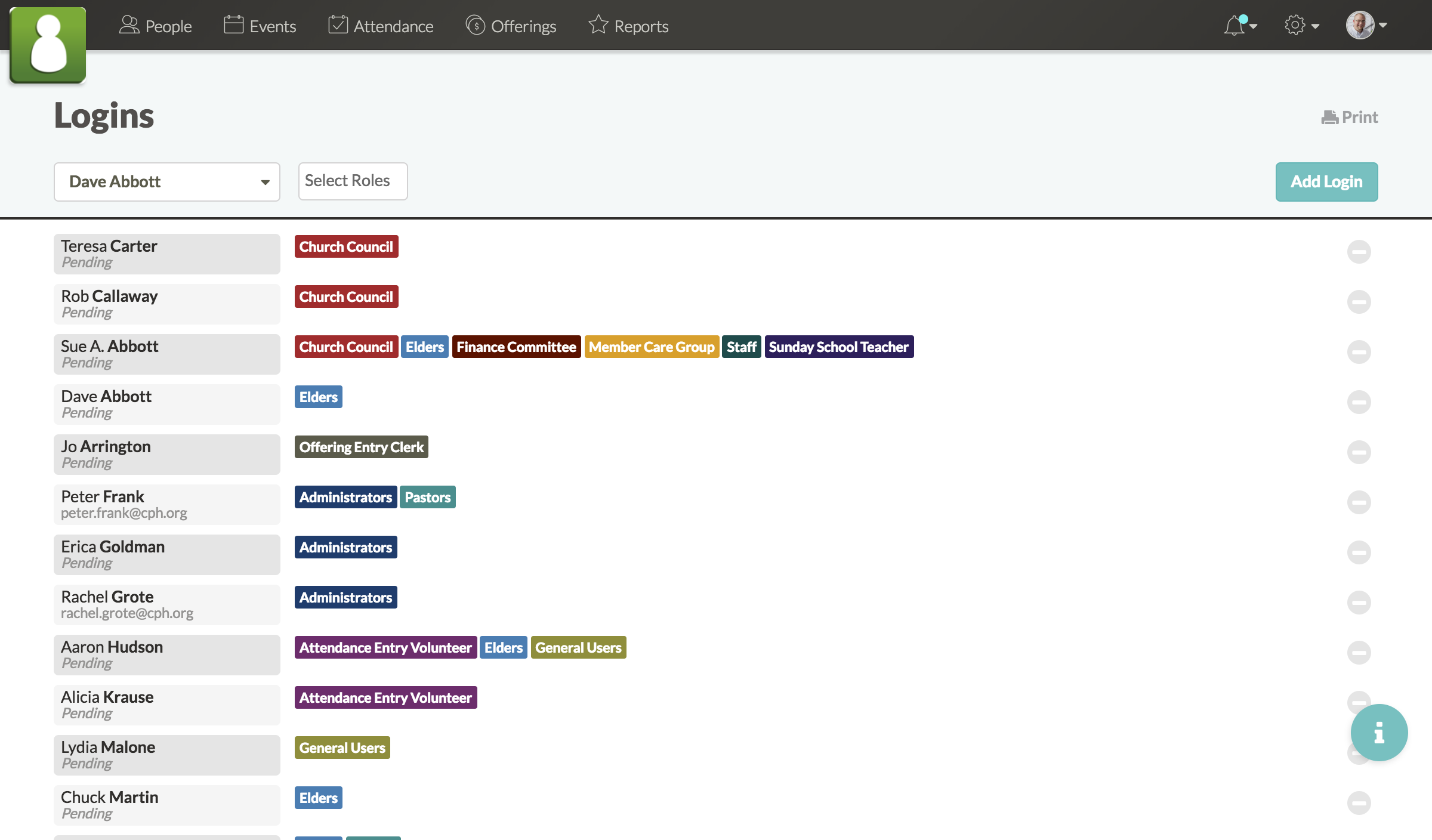 Screenshot of logins page showing multiple users