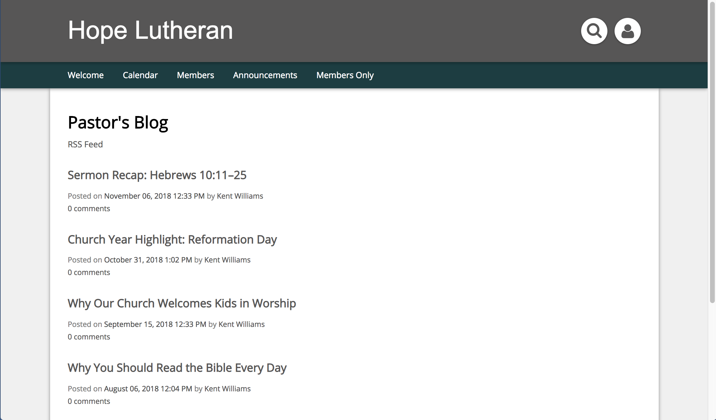 Screenshot of Feed Used for Pastor's Blog