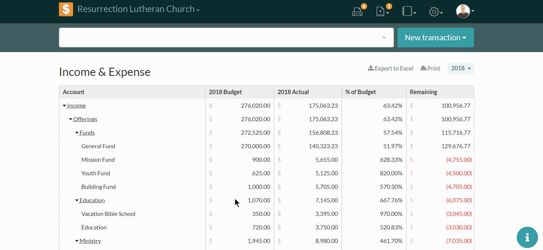 Screenshot of Income and Expense screen in Church360 Ledger